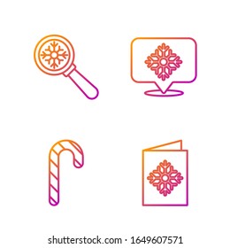 Set line Christmas postcard, Christmas candy cane with stripes, Magnifying glass with snowflake and Snowflake with speech bubble. Gradient color icons. Vector