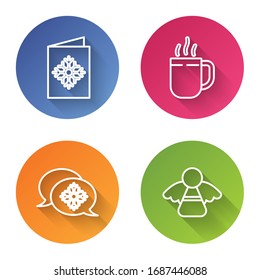 Set line Christmas postcard, Coffee cup, Snowflake with speech bubble and Christmas angel. Color circle button. Vector