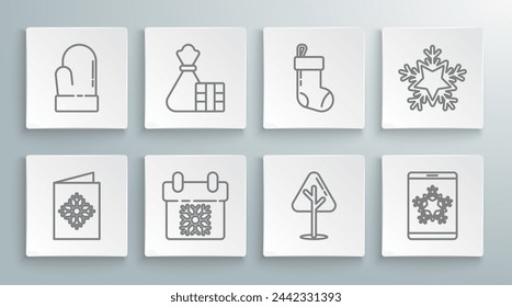 Set line Christmas postcard, Gift box and bag, Calendar, tree, on smartphone snowflake, stocking, Snowflake and mitten icon. Vector
