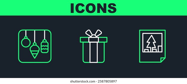 Set line Christmas postcard, lights and Gift box icon. Vector