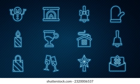 Set line Christmas postcard, Merry ringing bell, Mulled wine, Burning candle, snowman, house and Interior fireplace icon. Vector