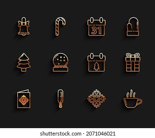 Set line Christmas postcard, Meteorology thermometer measuring, Merry ringing bell, Snowflake, Coffee cup, snow globe with fallen snow, Gift box and Calendar icon. Vector