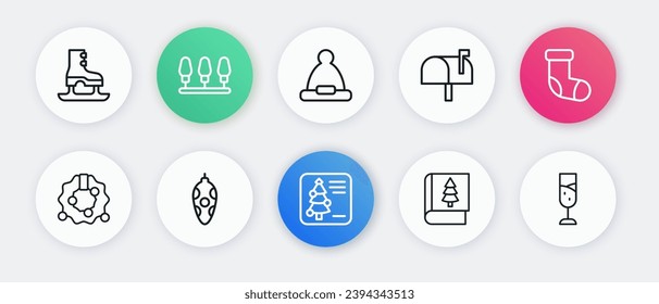 Set line Christmas postcard, stocking, wreath, book, Mail box, Santa Claus hat, Glass of champagne and toy icon. Vector
