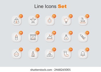 Set line Christmas ringing bell, stocking, chimney, tree, ball, Firework rocket, Santa Claus bag gift and Roasted turkey chicken icon. Vector