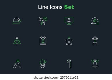 Set line Christmas ringing bell, Candy cane with stripes, Santa Claus hat beard, santa claus sleigh, Holiday gingerbread man cookie, star, calendar and tree icon. Vector