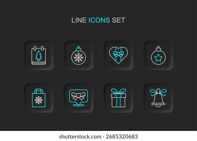 Set line Christmas ringing bell, Gift box, bow, shopping bag, ball,  and day calendar icon. Vector