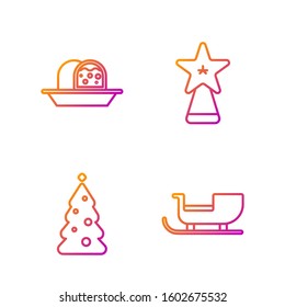 Set line Christmas santa claus sleigh, Christmas tree with decorations, Marzipan sponge cake and Christmas star. Gradient color icons. Vector