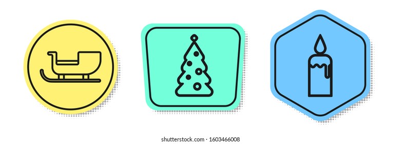 Set line Christmas santa claus sleigh, Christmas tree with decorations and Burning candle in candlestick. Colored shapes. Vector