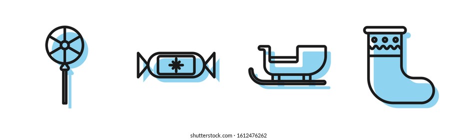 Set line Christmas santa claus sleigh, Lollipop, Candy and Christmas stocking icon. Vector