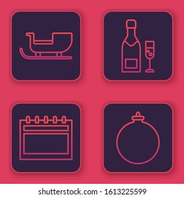 Set line Christmas santa claus sleigh, Calendar, Champagne bottle and glass of champagne and Christmas ball. Blue square button. Vector