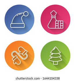 Set line Christmas Santa Claus hat, Gift box and bag, Pair of knitted christmas mittens and Christmas tree. Color circle button. Vector