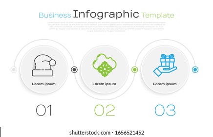 Set line Christmas Santa Claus hat, Cloud with snow and Gift box in hand. Business infographic template. Vector