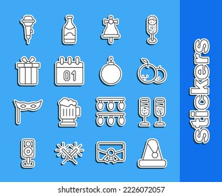 Set line Christmas Santa Claus hat, Glass of champagne, Tangerine, Merry ringing bell, Calendar, Gift box, Microphone and ball icon. Vector