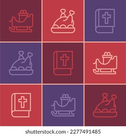 Set line Christmas santa claus sleigh, Holy bible book and Roasted turkey or chicken icon. Vector