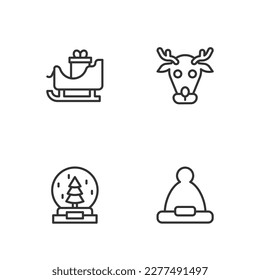 Set line Christmas Santa Claus hat, snow globe, santa claus sleigh and Reindeer icon. Vector