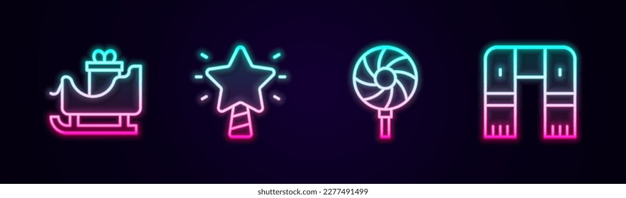 Set line Christmas santa claus sleigh, star, Lollipop and Winter scarf. Glowing neon icon. Vector