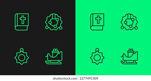 Set line Christmas santa claus sleigh, toy, Holy bible book and wreath icon. Vector