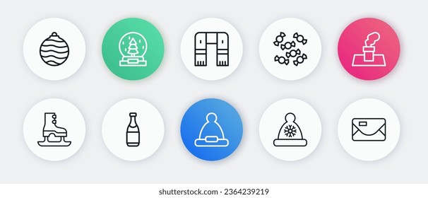 Set line Christmas Santa Claus hat, chimney, Skates, Candy, Winter scarf, Envelope and Champagne bottle icon. Vector