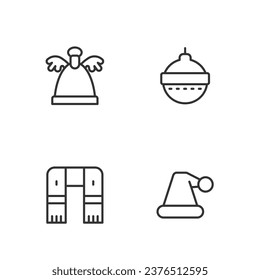 Set line Christmas Santa Claus hat, Winter scarf, Angel and ball icon. Vector