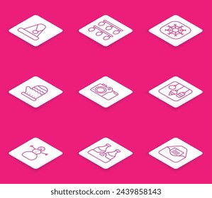 Set line Christmas Santa Claus hat, lights, Snowflake, mitten, Photo camera, snowman and Champagne bottle icon. Vector