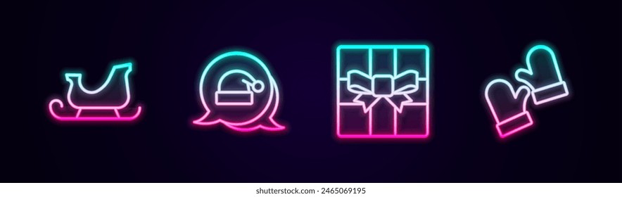 Set line Christmas santa claus sleigh, Santa Claus hat, Gift box and mittens. Glowing neon icon. Vector