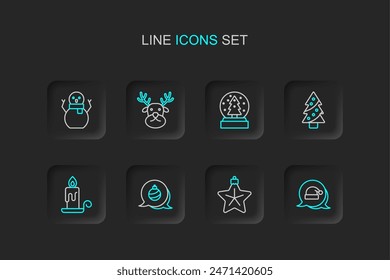 Set line Christmas Santa Claus hat, star, ball, Burning candle, tree, snow globe, Reindeer and snowman icon. Vector