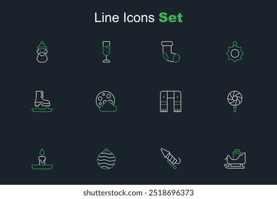 Set line Christmas santa claus sleigh, Firework rocket, ball, Burning candle, Lollipop, Winter scarf, night and Skates icon. Vector