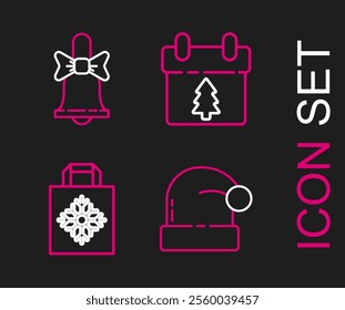 Set line Christmas Santa Claus hat, paper shopping bag, Calendar and Merry ringing bell icon. Vector