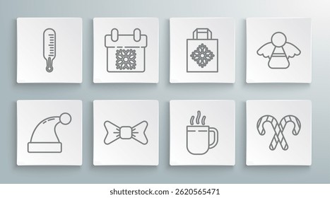 Set line Christmas Santa Claus hat, Calendar, Bow tie, Coffee cup, candy cane with stripes, paper shopping bag, angel and Meteorology thermometer measuring icon. Vector