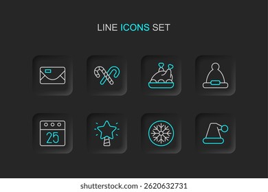 Set line Christmas Santa Claus hat, Snowflake, star, day calendar, Roasted turkey or chicken, Candy cane with stripes and Envelope icon. Vector