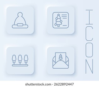 Set line Christmas Santa Claus hat, postcard, lights and Envelope. White square button. Vector