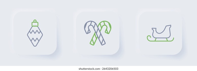 Set line Christmas santa claus sleigh, Candy cane with stripes and toy icon. Vector