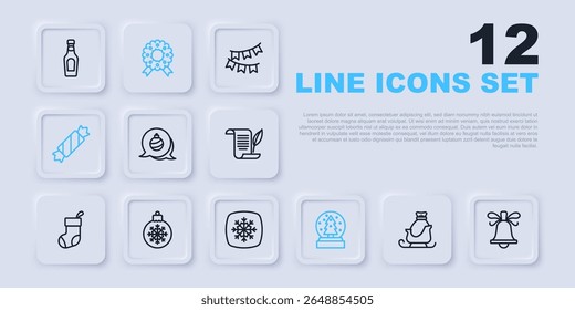 Set line Christmas santa claus sleigh, ringing bell, ball, snow globe, Candy, wreath and Snowflake icon. Vector
