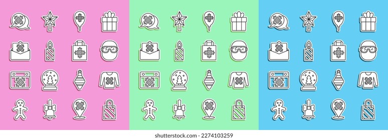 Set line Christmas shopping bag, sweater, Ski goggles, Balloons with snowflake, Burning candle, postcard, Snowflake speech bubble and  icon. Vector