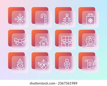 Set line Christmas shopping bag, Branch viburnum, Gift box, Candy, Merry house, tree, Snowflake and cane with stripes icon. Vector