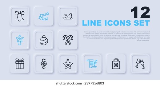 Set line Christmas shopping bag, Glass of champagne, ball, Envelope, star, Candy, Carnival garland with flags and  icon. Vector