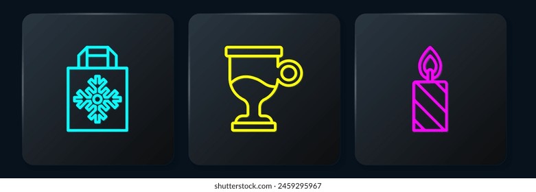Set line Christmas shopping bag, Burning candle and Mulled wine. Black square button. Vector