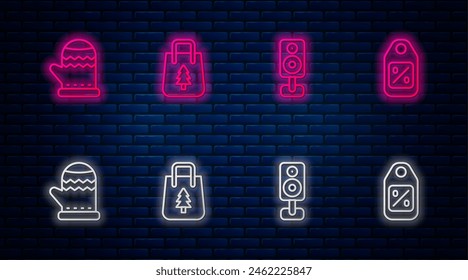 Set line Christmas shopping bag, Stereo speaker, mitten and Price tag with Sale. Glowing neon icon on brick wall. Vector