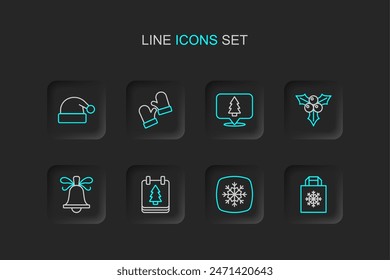 Set line Christmas shopping bag, Snowflake, day calendar, ringing bell, Branch viburnum, tree, mittens and Santa Claus hat icon. Vector