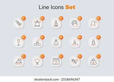 Set line Christmas shopping bag, Candy cane with stripes, day calendar, star, Roasted turkey or chicken, tree, Burning candle and Santa Claus gift icon. Vector