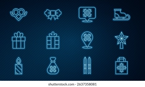 Set line Christmas shopping bag, star, Snowflake speech bubble, Gift box, Pretzel,  and Bow tie icon. Vector
