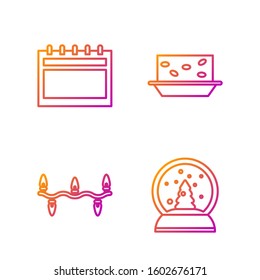 Set line Christmas snow globe, Christmas lights, Calendar and Nougat with nuts. Gradient color icons. Vector