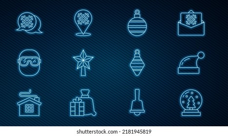 Set line Christmas snow globe, Santa Claus hat, ball, star, Ski goggles, Snowflake speech bubble,  and  icon. Vector