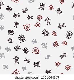 Set line Christmas snow globe, Holiday gingerbread man cookie, Branch viburnum and ball on seamless pattern. Vector