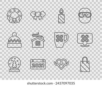 Set line Christmas snow globe, shopping bag, Burning candle, Calendar, wreath, Merry house, Pretzel and Snowflake speech bubble icon. Vector