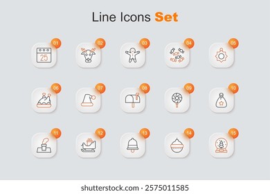 Set line Christmas snow globe, ball, ringing bell, santa claus sleigh, chimney, Santa Claus bag gift, Lollipop and Mail box icon. Vector