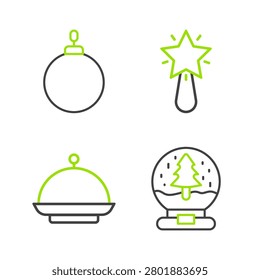 Set line Christmas snow globe, covered with tray, star and ball icon. Vector