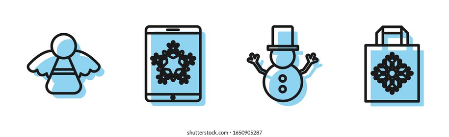 Set line Christmas snowman, Christmas angel, Christmas on smartphone and snowflake and Christmas paper shopping bag icon. Vector