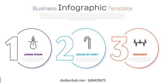 Set line Christmas snowman, Christmas candy cane with stripes and Christmas lights. Business infographic template. Vector