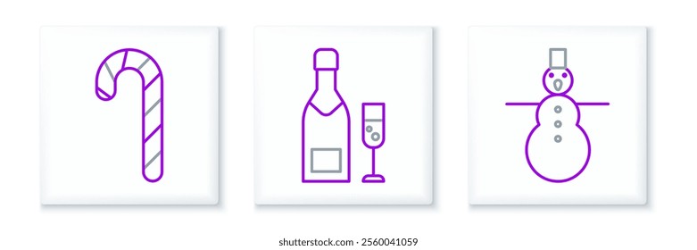 Set line Christmas snowman, candy cane with stripes and Champagne bottle glass of champagne icon. Vector